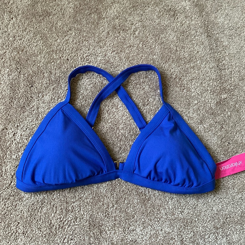 Blue target xhilaration bikini top, back X cross new with tags size L
